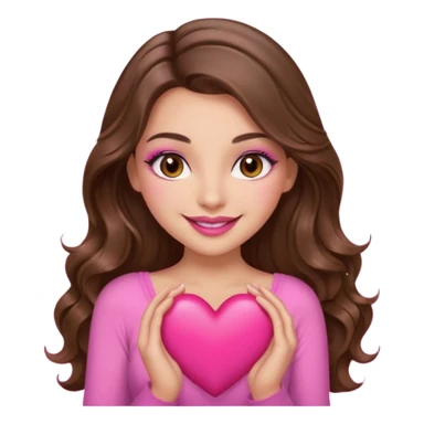 girl with long wavy brown hair, brown eyes, long lashes makeup, sexy pink lips, light to medium complexion, wearing a pink sexy top, smiling, holding a big heart sticker