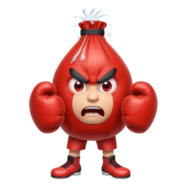 Gota de agua de color rojo con cara de enfado y unos guantes de boxeo, que tenga brazos y piernas musculados sticker