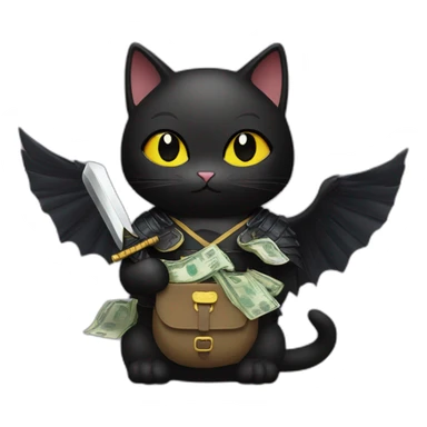 black cat with wings, samurai sword, dressed like a duck and holding a bag of money sticker