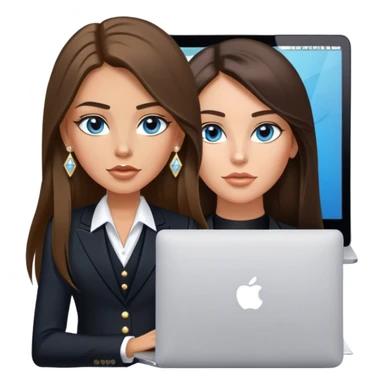 Model sexy tanned beautiful girl with pump nude lips and brunette straight long hair, straight hair parting, blue eyes with MacBook and black, black suit vest, V-neck, and white gold stud earrings with small diamond sticker