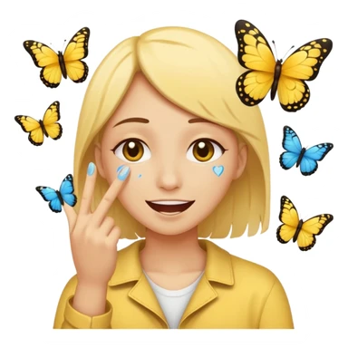 yellow circle face holding back tears of joy and a peace sign and butterflies  sticker