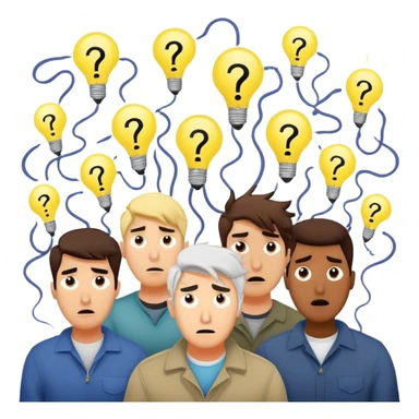 Group of men with chaotic minds, swirling tornadoes of tangled thoughts around their heads, containing question marks, light bulbs, and scribbles. The men have bewildered, overwhelmed expressions. sticker