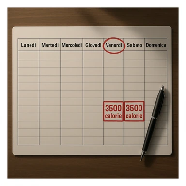A hyperrealistic weekly calendar viewed from above in Italian, showing days from Monday to Sunday. Friday is circled in red. Below both Saturday and Sunday, the text '3500 calorie' is highlighted inside a red box. The image has 4K details and a desk atmosphere. sticker