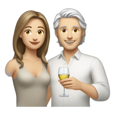 A white woman, she has brown eyes and blond medium long hair. A white man, he has blue eyes and grey hair. They toast to each other with a glass of white wine. sticker
