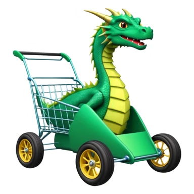 Special race car whose frame and suspension is made of shopping cart material with a large rear spoiler is being professionally steered driven by a small thin dragon  sticker