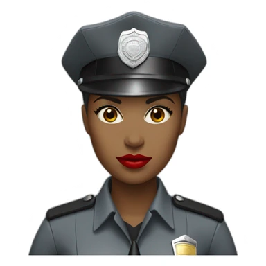 black police woman in light gray uniform with red lipstick sticker