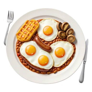English Breakfast Cinematic Realistic English Breakfast Dish Emoji, depicted as a hearty plate featuring 2 sizzling sausages, a central serving of baked beans, 2 perfectly fried eggs, 2 sliced grilled tomatoes, 2 grilled mushrooms, and a triangle-shaped hash brown, rendered with vivid textures and warm, inviting lighting. sticker