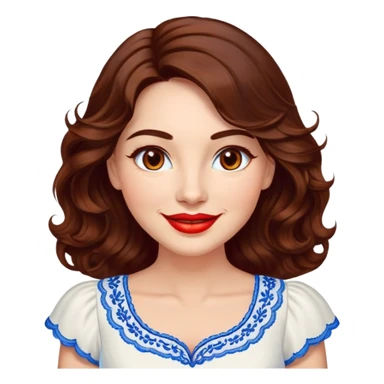 Professional woman at 40 with bright complexion, round face, big lively light brown eyes, wide friendly smile, vibrant red lips, voluminous wavy dark brown hair to shoulders, white summery dress with blue embroidery and electric blue neckline sticker