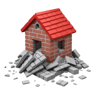3D iPhone style emoji of a pile of bricks, roof pieces, and wall rubble, scattered and broken, isolated on white background, soft shadows, high detail, playful and cute sticker