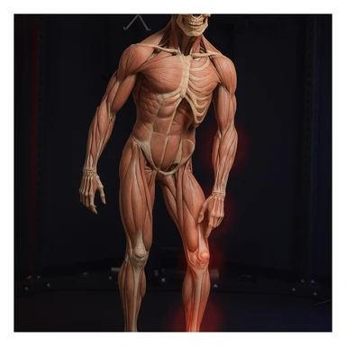 Hyperrealistic anatomical view of the same pose: tilted pelvis, valgus knee, pronated foot, with detailed visible bones and muscles, gym environment, 4K quality. Variant 5: highlight the involved joints with a red halo. sticker