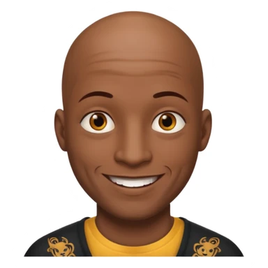 This is a cartoon-style avatar of a bald man with dark skin, golden-brown eyes, and facial tattoos, smiling with a friendly expression. sticker