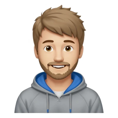 25 year old man, short scruffy beard and thin moustache, brown puffy mullet, blue eyes, big smile, white teeth, big lips, pronounced jaw, hair longer in back, sticking up on top, thin face, grey hooded sweatshirt sticker