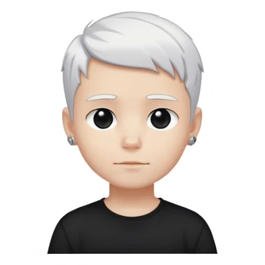 just a boy with TOTALLY WHITE SHORT HAIR (pure white like paper or snow, not gray, not blonde), wearing dark t-shirt, silver ring with black stone sticker