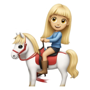 a little blonde girl with bangs and two ponytails rides a rocking horse sticker