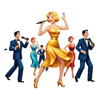 Vintage movie poster-style icon for a musical film. The cityscape glows in the background, evoking the golden era of musicals. A vibrant street scene with bright lights, dancers mid-step, a singer with a microphone, and a jazz band playing. Transparent background. sticker