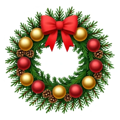 A Christmas wreath made entirely of fir trees, decorated with a single red bow at the bottom, pine cones, and Christmas tree balls. sticker