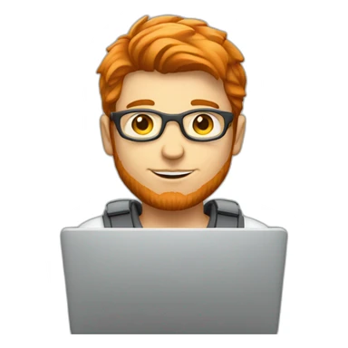 A red-haired light-skinned male programmer with a laptop sticker