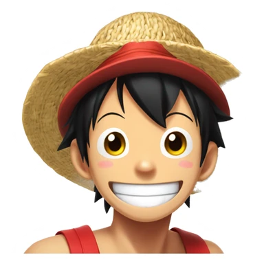Monkey D LUFFY, Young guy with black hair in a red tank top, wearing a round straw hat with a  red ribbon is making an extremely goofy silly face with a huge smile sticker