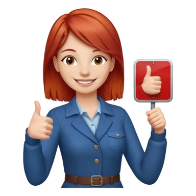 woman with red hair, giving a thumbs up next to a sign with rules sticker