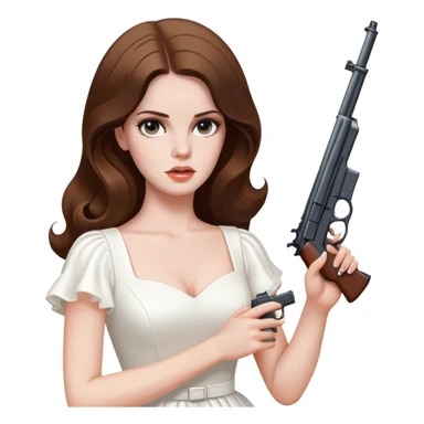 Lana Del Rey in a white dress with a gun  sticker