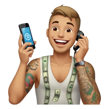 Guy with tattoos laughing on the phone. Money is raining  sticker