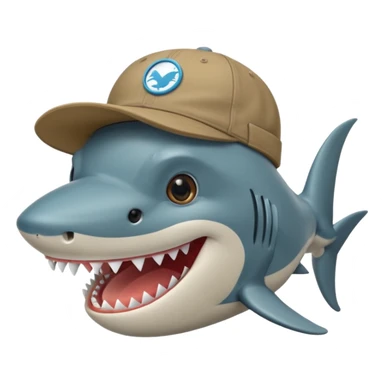 Un tiburón con aspecto gruñón pero con una sonrisa, que tenga una gorra de la marca barbas hats hacia atrás sticker