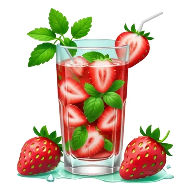 A 3D cartoon glass of strawberry mojito with mint leaves, ice cubes, and sliced strawberries, condensation on glass, bright lighting, Memoji-style realism. sticker