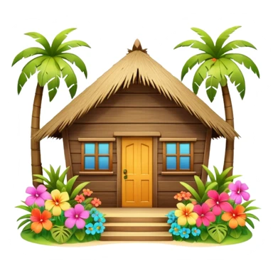 Hawaiian beach house, small tropical house, wooden walls, thatched roof, colorful flowers, palm trees, cute mobile game icon, 3D cartoon, bright colors, soft shadows, clean background, no text, no watermark sticker