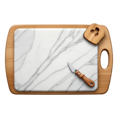 white marmor cuttingboard with a wooden grip handle on top all along the top sticker