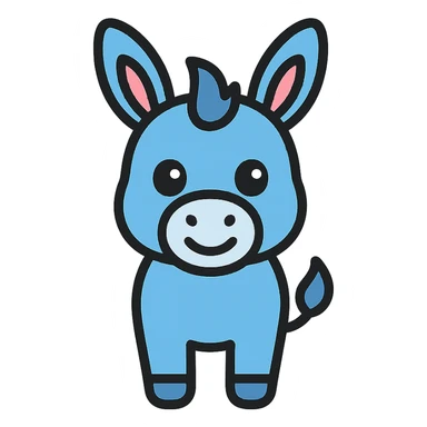 cute blue donkey with big eyes and friendly smile, simple flat design sticker