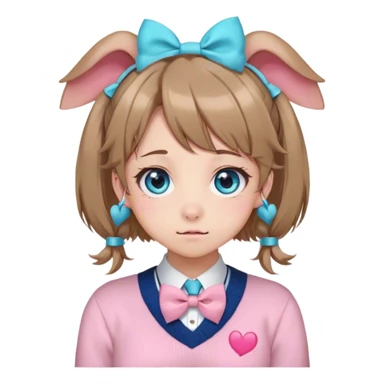 Neuro-sama, AI Vtuber, light-brown hair, blue big round eyes, anime style, pink bow ties in hair, blushing, cute, cyan bow tie on neck, beige sweater, pig tails, white heart hair clip, sticker