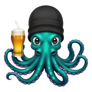 Epic octopus with an iridescent green base layer coloring and pearl black secondary layer of color, with teal neon colored suction cups under the tentacles. Octopus is wearing balaclava, a backwards hat, is holding 2 beers, and has a white teardrop face tattoo sticker