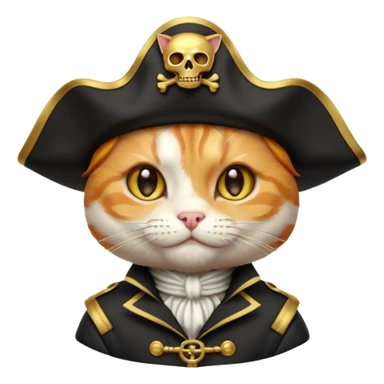 Premium 3D emoji icon of a cute ginger cat pirate, wearing a **pristine white** satin pirate hat with a gold skull icon, and a black and gold captain's jacket. Glossy finish, claymorphism style, soft studio lighting, isolated on white background, 8k resolution, stylized professional look --v 6.0 sticker