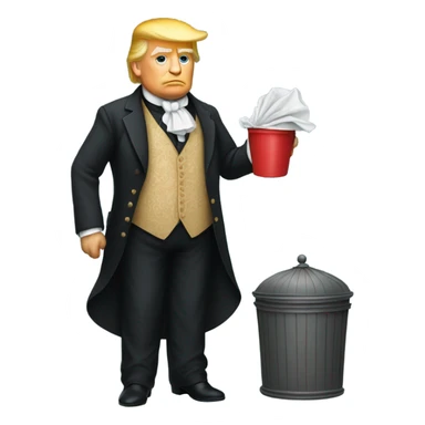 trump in Victorian dress elegant, full body, holding a trash bidon sticker