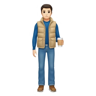 full body man with plain puffy winter vest with no pockets over long sleeved shirt wearing straight levi boot cut levi blue jeans with no cuffs and tennis shoes holding coffee mug in his hand sticker