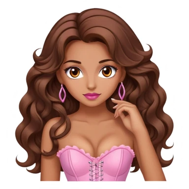 Une femme à la peau mat et aux cheveux long, châtain et ondulé. Elle a les yeux marron et elle est maquiller, elle porte un corset rose.  sticker