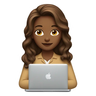 a woman with brown long wavy hair and brown eyes and white skin with macbook sticker