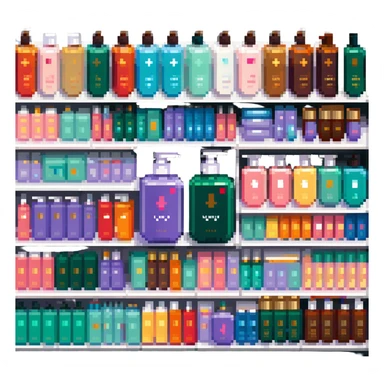 Shampoo bottle, color tube, and conditioner standing on a shelf, products are luxury brand-labeled sticker