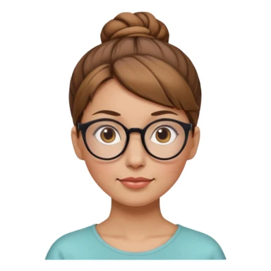 femme de 38 ans avec des cheveux châtain clair, un chignon haut, yeux bruns, lunettes rondes sticker