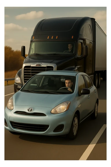 Remove the year 2026 from the black truck, add a visible person inside the car in front, keep the truck black and the rest of the scene the same. sticker