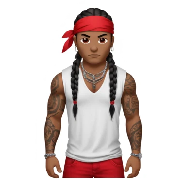Samoan male with loose fitting white t-shirt. Red bandana. Red jeans. long braided hair, very muscular, tattoos. street culture clothing. Tough and menacing. Gangster loca. sticker