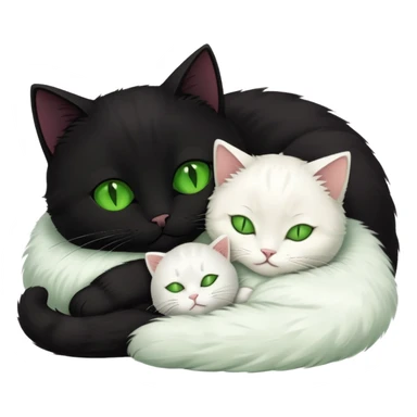 Big black cat with green eyes is sleeping with a small white cat sticker