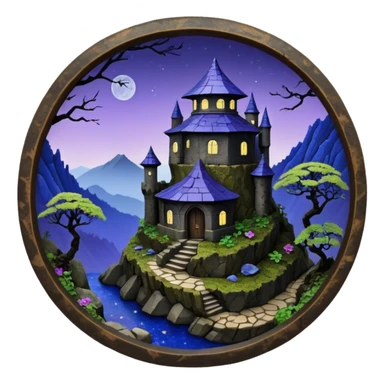  Ancient saucer-castle-house jungle winding trail mountainside getaway haunted nighttime landscape antique mudman very old broken cracked intricately detailed Stone Age lapis-crusted irregular dodecagon-shaped shallow dark moss rough bark violet flowered maple bonsai Saikei scene  sticker