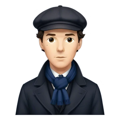 sherlock holmes benedict cumberbatch, wearing a deerstalker hat, Long dark coat, Dark suits, dark Blue scarf sticker