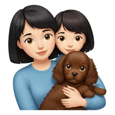 A girl with short black hair and bangs happily hugs a brown cocker spaniel sticker