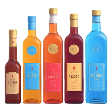 Four bottles of alcohol, each with distinct shapes and labels, arranged neatly in a row. The bottles should vary in color and size, with detailed labels and caps. sticker