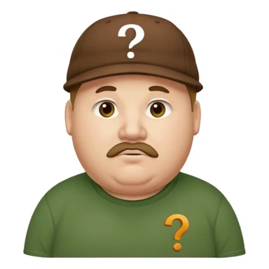 white fat man with brown cap and green t shirt printeed a question mark sticker