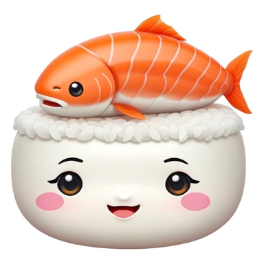 Cute Kawaii Nigiri Sushi, plump and happy, a soft white rice pillow topped with bright orange salmon, tiny blushing cheeks, big round eyes, a joyful floating expression! sticker