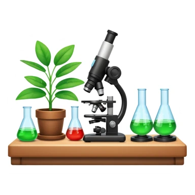 FA 3D cartoon science lab table with test tubes, microscope, and a small potted plant, green leaves under bright light, clean background, realistic Memoji-style rendering. sticker