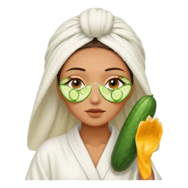 woman at the spa with cucumbers slices covering her eyes and tan skin tone with towel completely covering hair and robe on no hands showing sticker